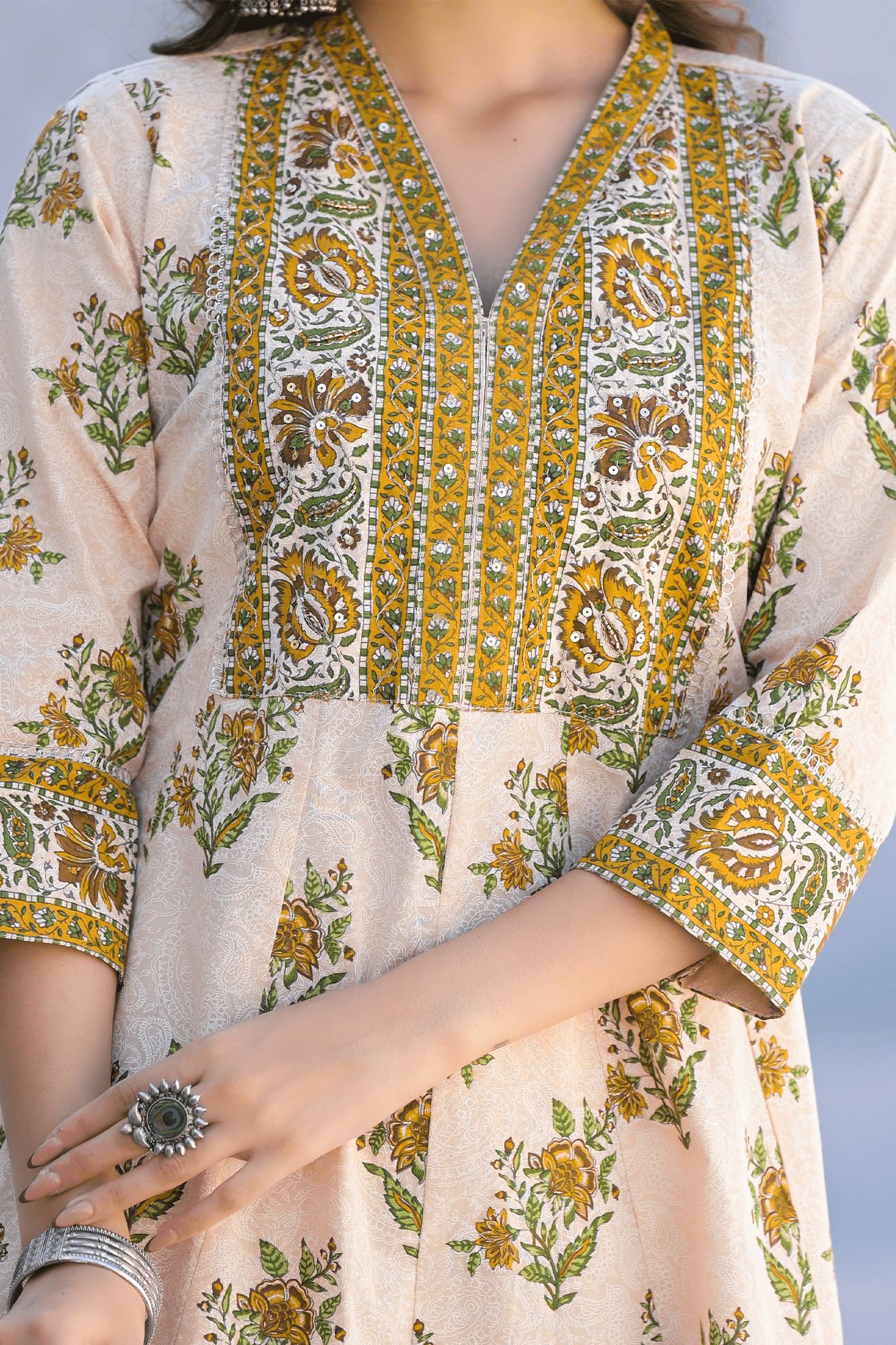 Ivory Bloom Printed Anarkali Suit Set - Qurbat