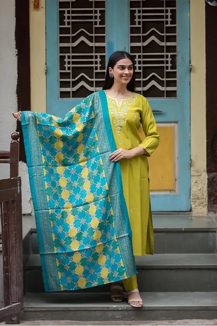 Lime Green Embroidered Kurta Set with Teal Blue Dupatta – 3 Piece Festive Cotton Ensemble - Qurbat