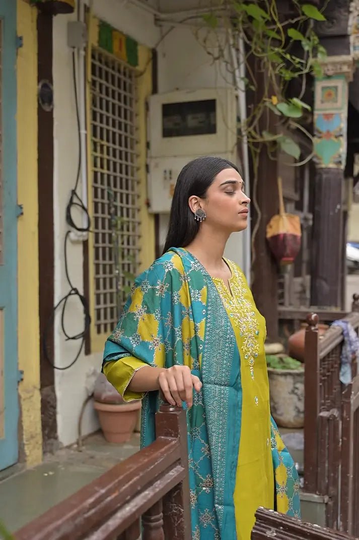 Lime Green Embroidered Kurta Set with Teal Blue Dupatta – 3 Piece Festive Cotton Ensemble - Qurbat