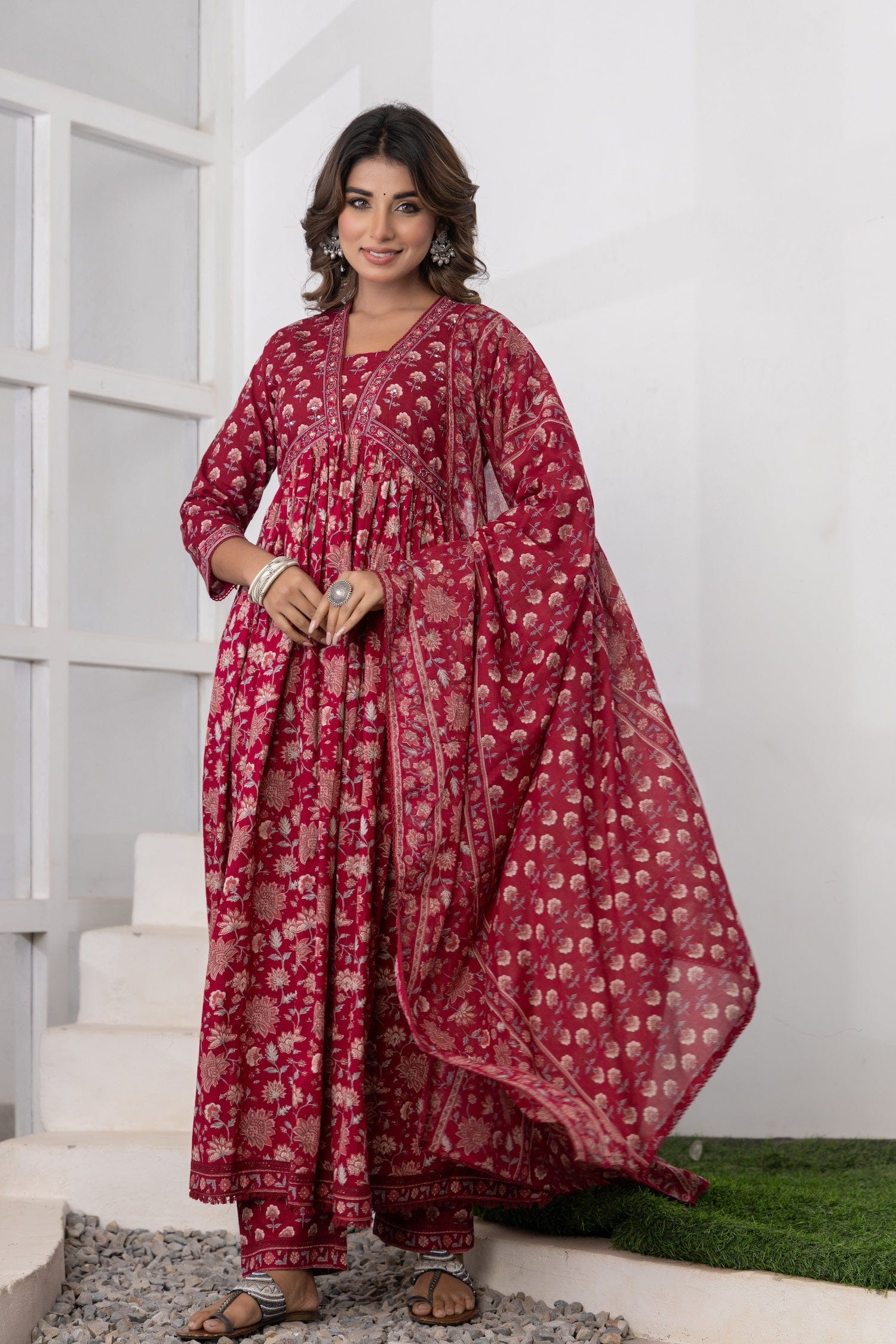 Maroon Printed Cotton Suit Set - Qurbat
