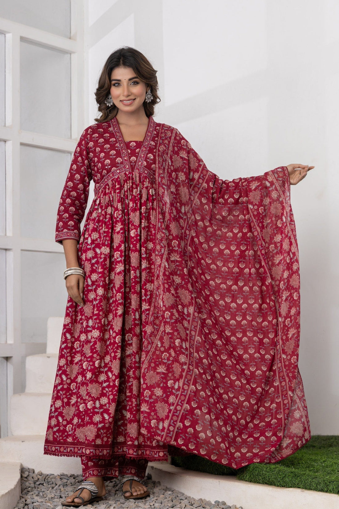 Maroon Printed Cotton Suit Set - Qurbat