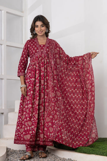 Maroon Printed Cotton Suit Set - Qurbat