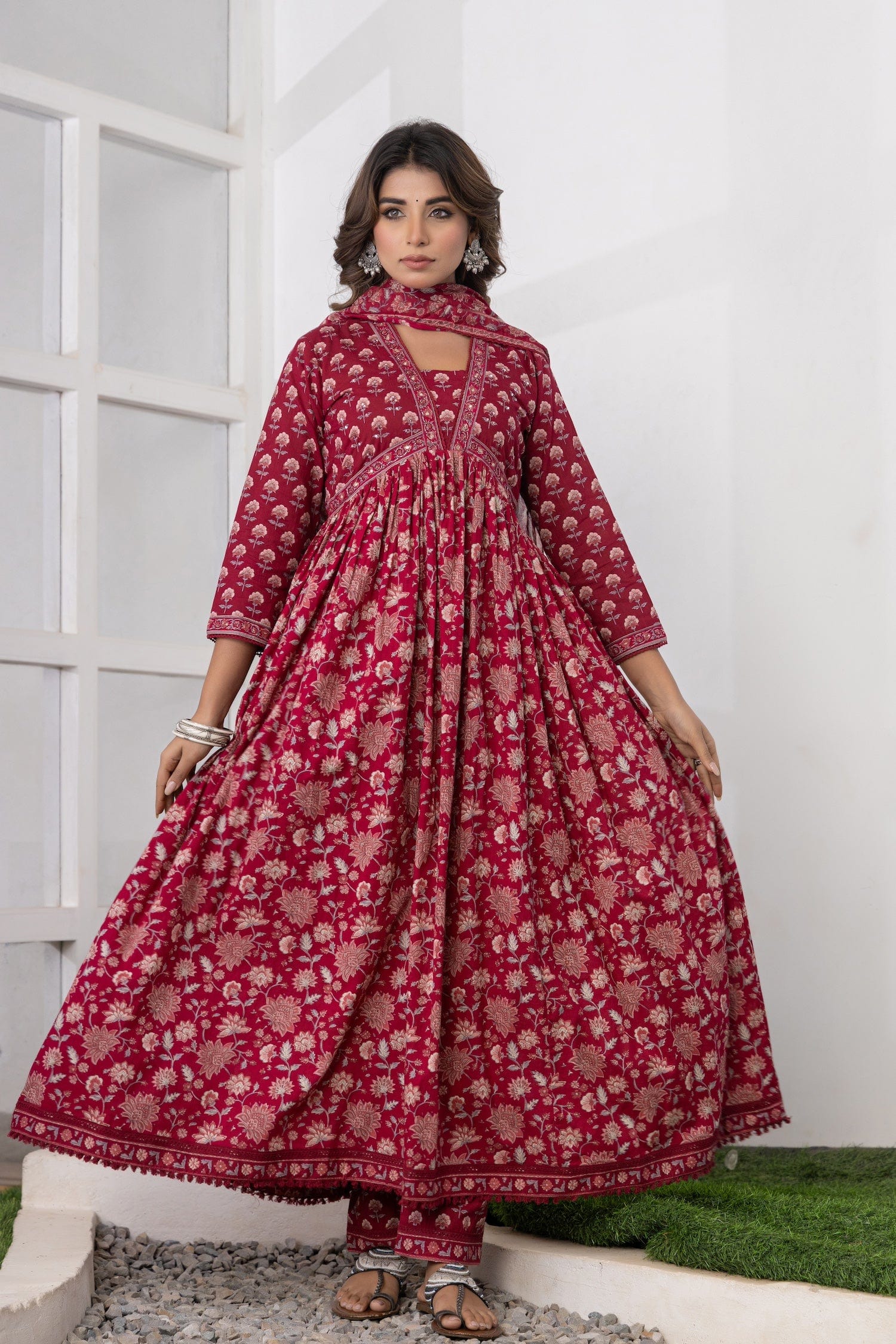 Maroon Printed Cotton Suit Set - Qurbat