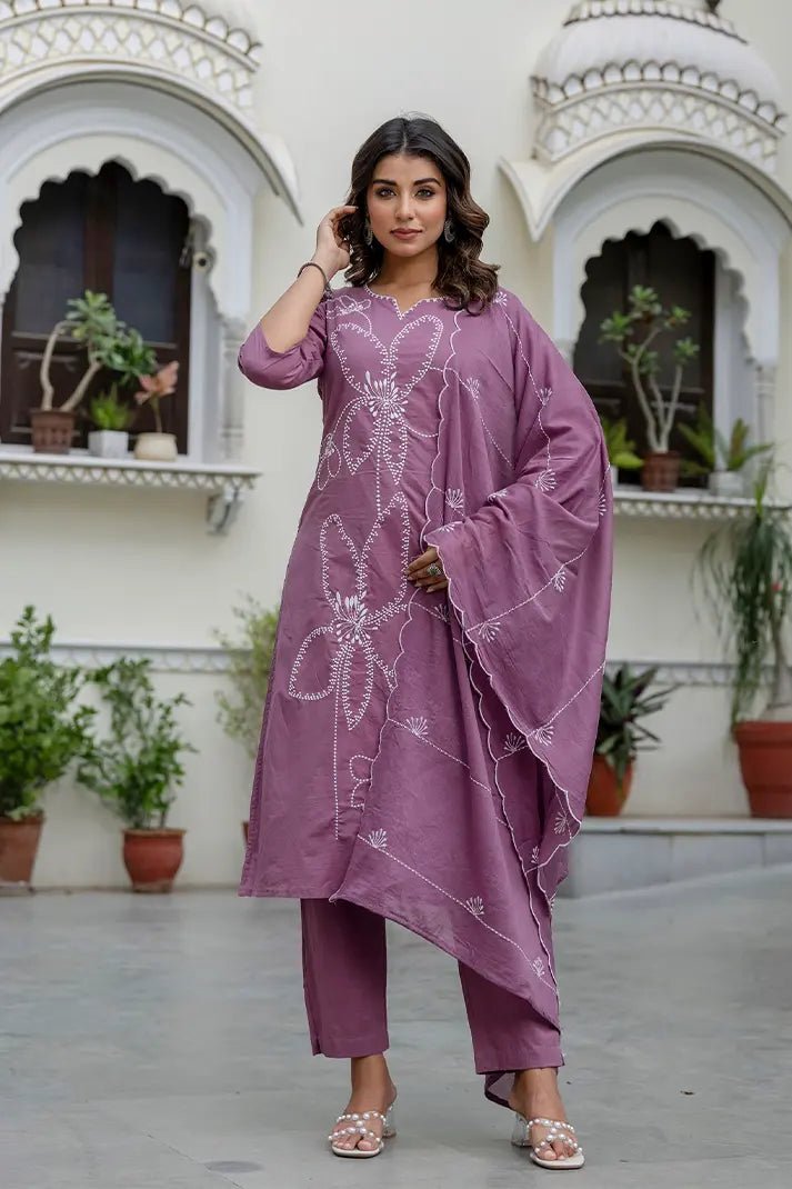 Mauve Hand - Embroidered Cotton Kurta Set with Matching Dupatta – 3 Piece Set - Qurbat
