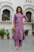 Mauve Hand - Embroidered Cotton Kurta Set with Matching Dupatta – 3 Piece Set - Qurbat
