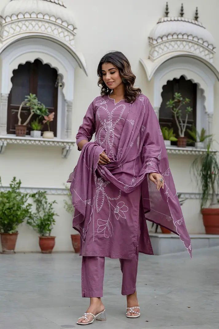 Mauve Hand - Embroidered Cotton Kurta Set with Matching Dupatta – 3 Piece Set - Qurbat