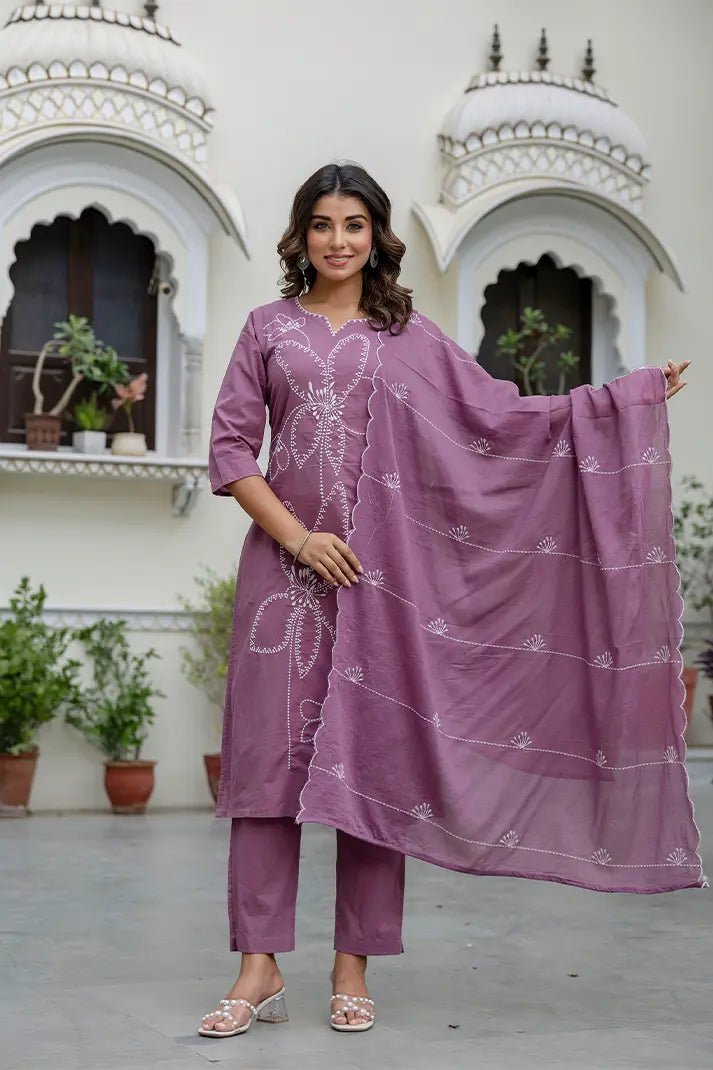 Mauve Hand - Embroidered Cotton Kurta Set with Matching Dupatta – 3 Piece Set - Qurbat