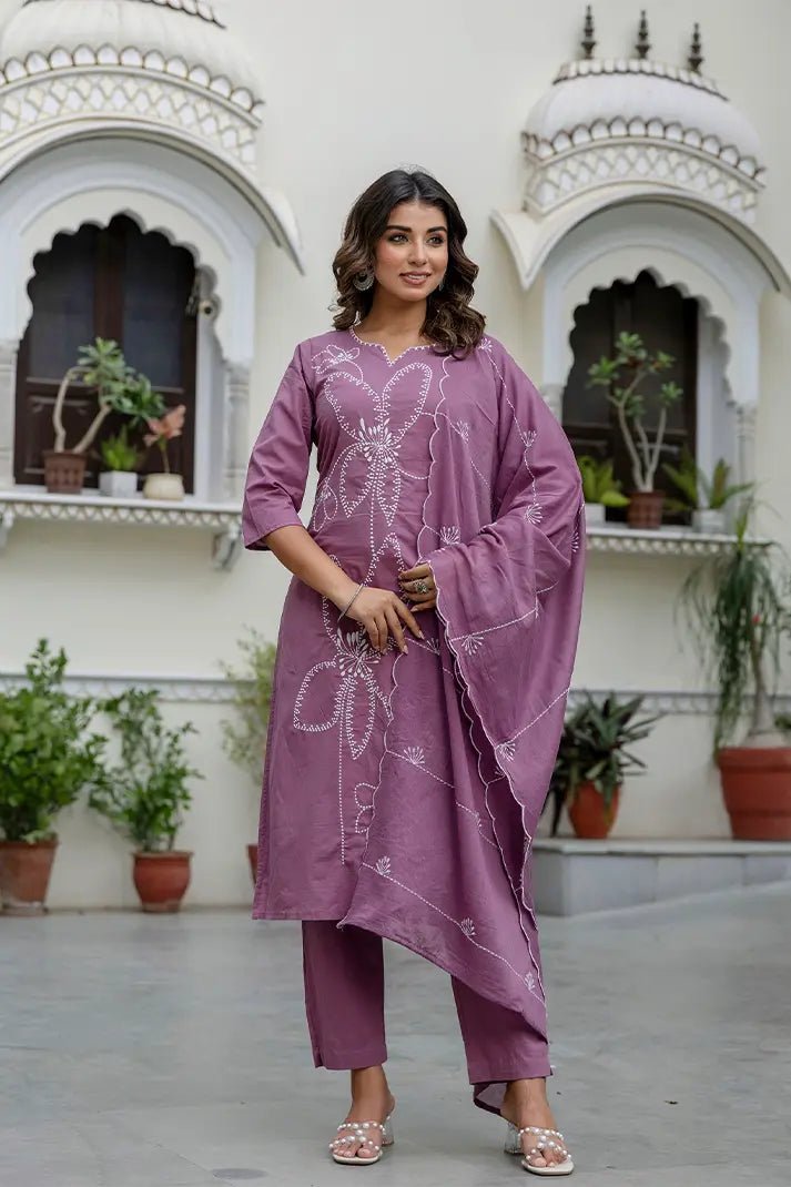 Mauve Hand - Embroidered Cotton Kurta Set with Matching Dupatta – 3 Piece Set - Qurbat