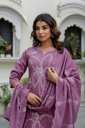 Mauve Hand - Embroidered Cotton Kurta Set with Matching Dupatta – 3 Piece Set - Qurbat