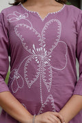 Mauve Hand - Embroidered Cotton Kurta Set with Matching Dupatta – 3 Piece Set - Qurbat