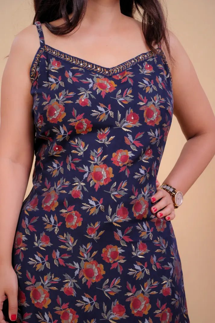 Midnight Bloom Cotton Kurta Set with Strappy Neckline - Qurbat