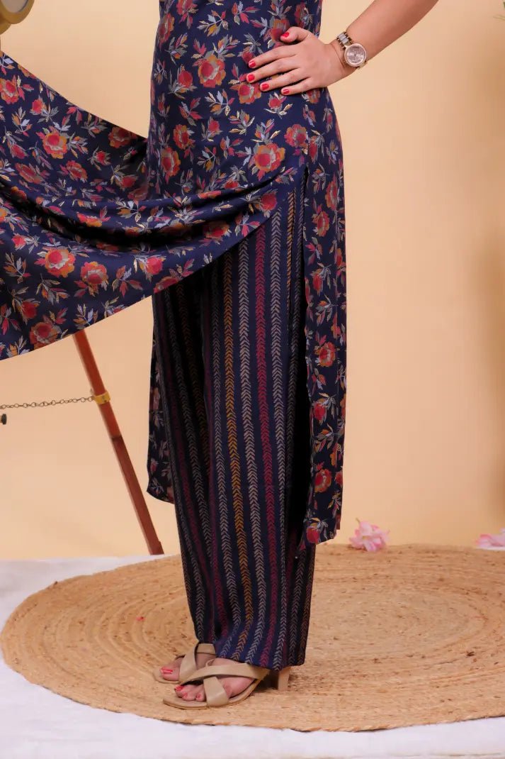 Midnight Bloom Cotton Kurta Set with Strappy Neckline - Qurbat