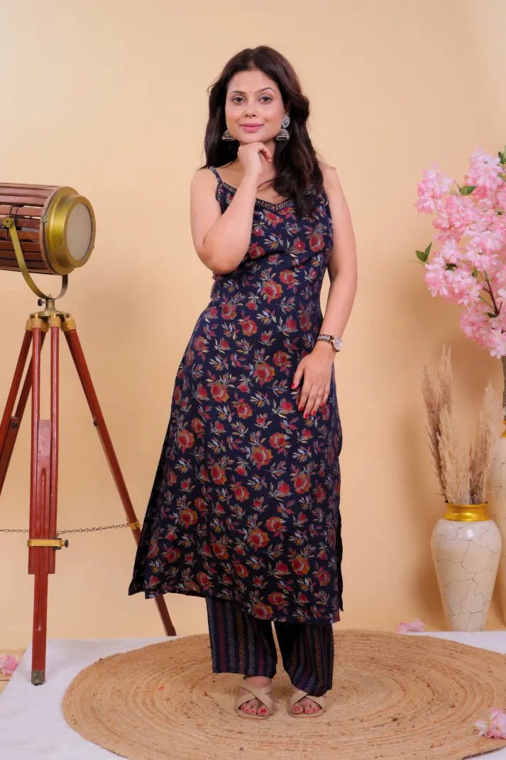 Midnight Bloom Cotton Kurta Set with Strappy Neckline - Qurbat