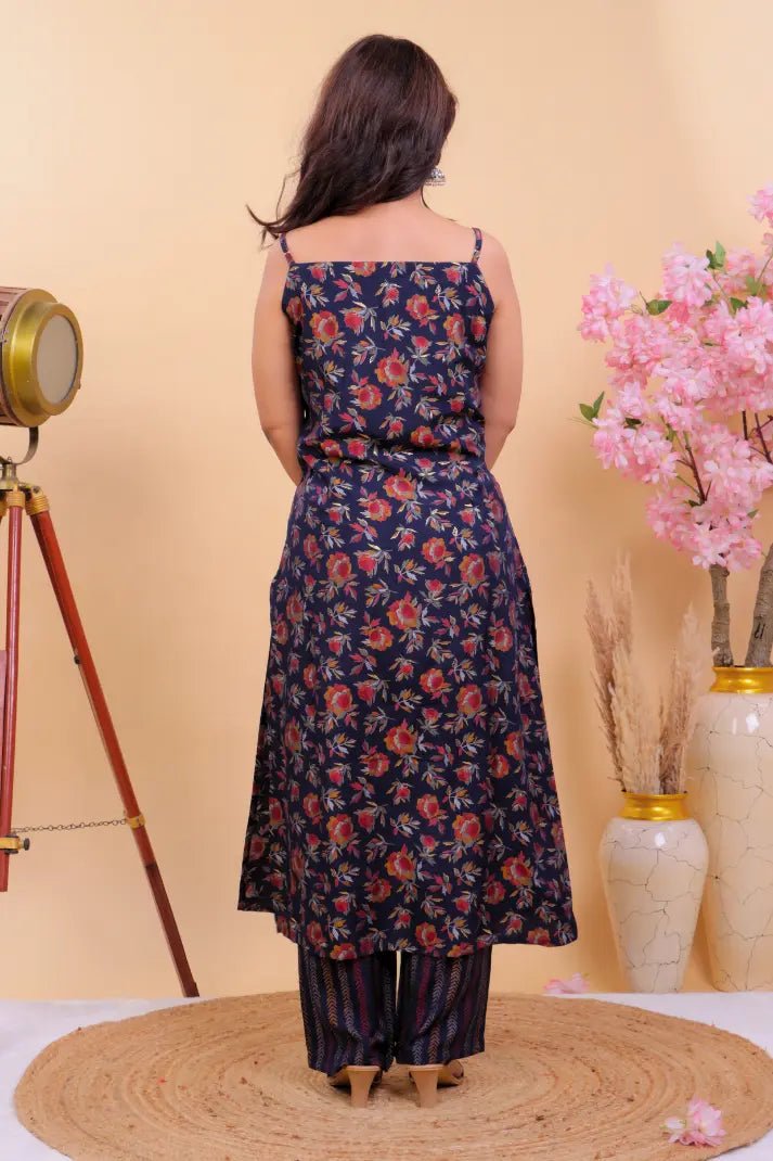 Midnight Bloom Cotton Kurta Set with Strappy Neckline - Qurbat