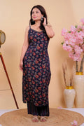 Midnight Bloom Cotton Kurta Set with Strappy Neckline - Qurbat