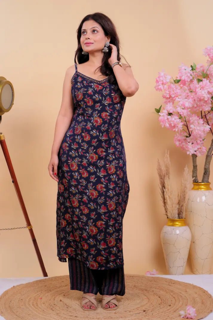 Midnight Bloom Cotton Kurta Set with Strappy Neckline - Qurbat