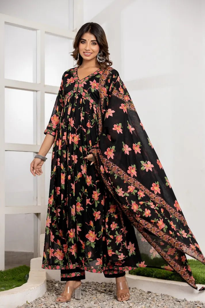 Midnight Floral Print Anarkali Suit Set - Qurbat