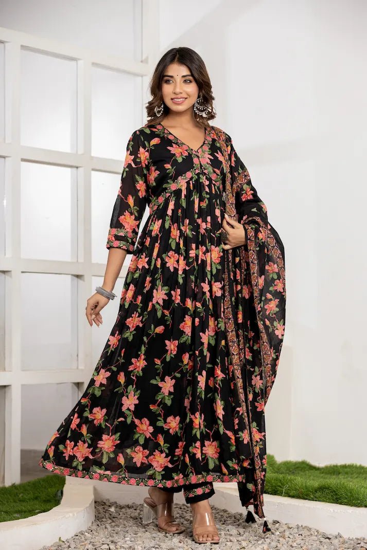Midnight Floral Print Anarkali Suit Set - Qurbat