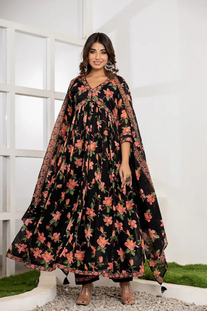 Midnight Floral Print Anarkali Suit Set - Qurbat