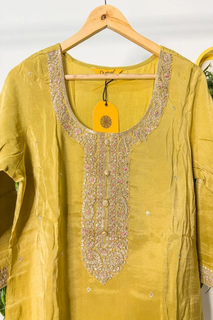 Mustard Yellow Premium 3PC Ethnic Set with Embroidered Kurta & Floral Dupatta - Qurbat