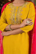 Mustard Yellow Straight Kurta Set with Pink Bandhej Dupatta & Hand Embroidery - Qurbat