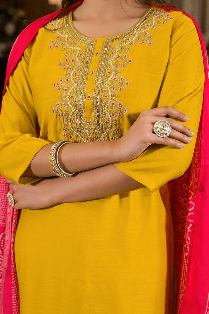Mustard Yellow Straight Kurta Set with Pink Bandhej Dupatta & Hand Embroidery - Qurbat