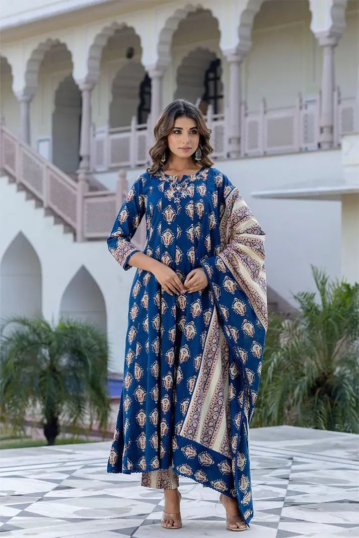 Navy Blue Anarkali Cotton Kurta Set with Embroidered Yoke & Printed Dupatta – 3 Piece Set - Qurbat
