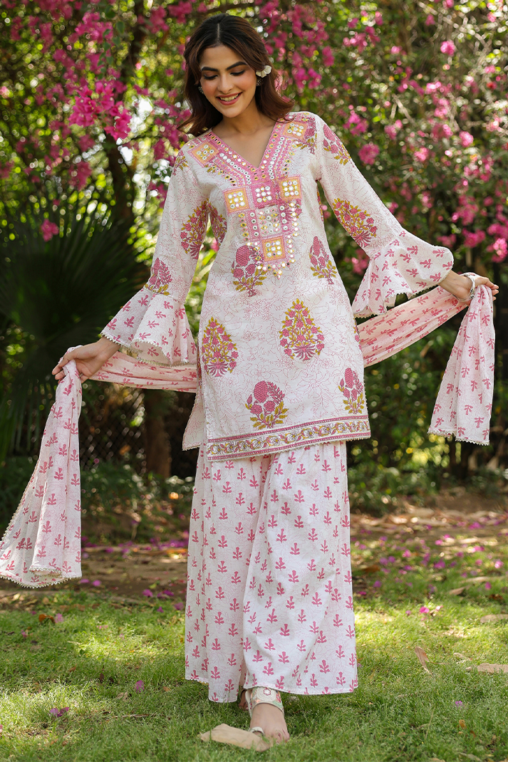 Pink Floral Printed Cotton Suit Set with Mirror Embroidery