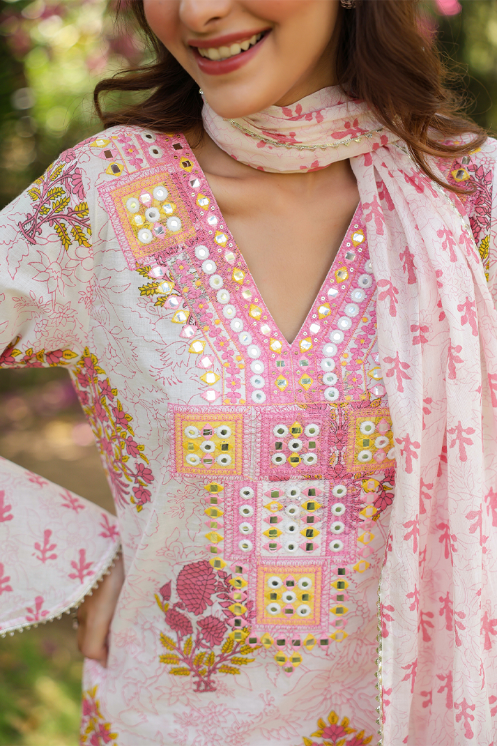 Pink Floral Printed Cotton Suit Set with Mirror Embroidery
