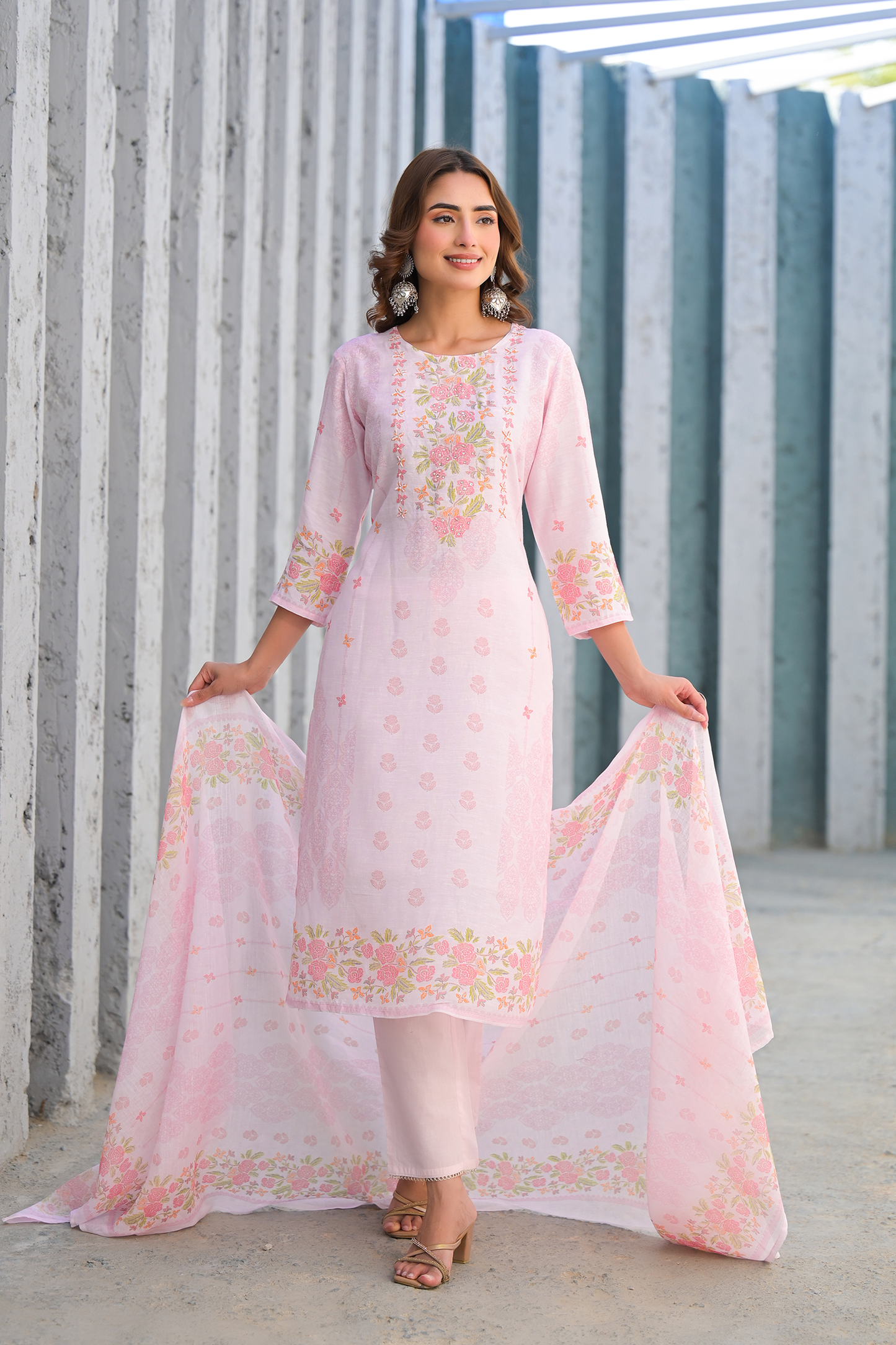 Soft Pink Floral Embroidered Three-Piece Suit Set