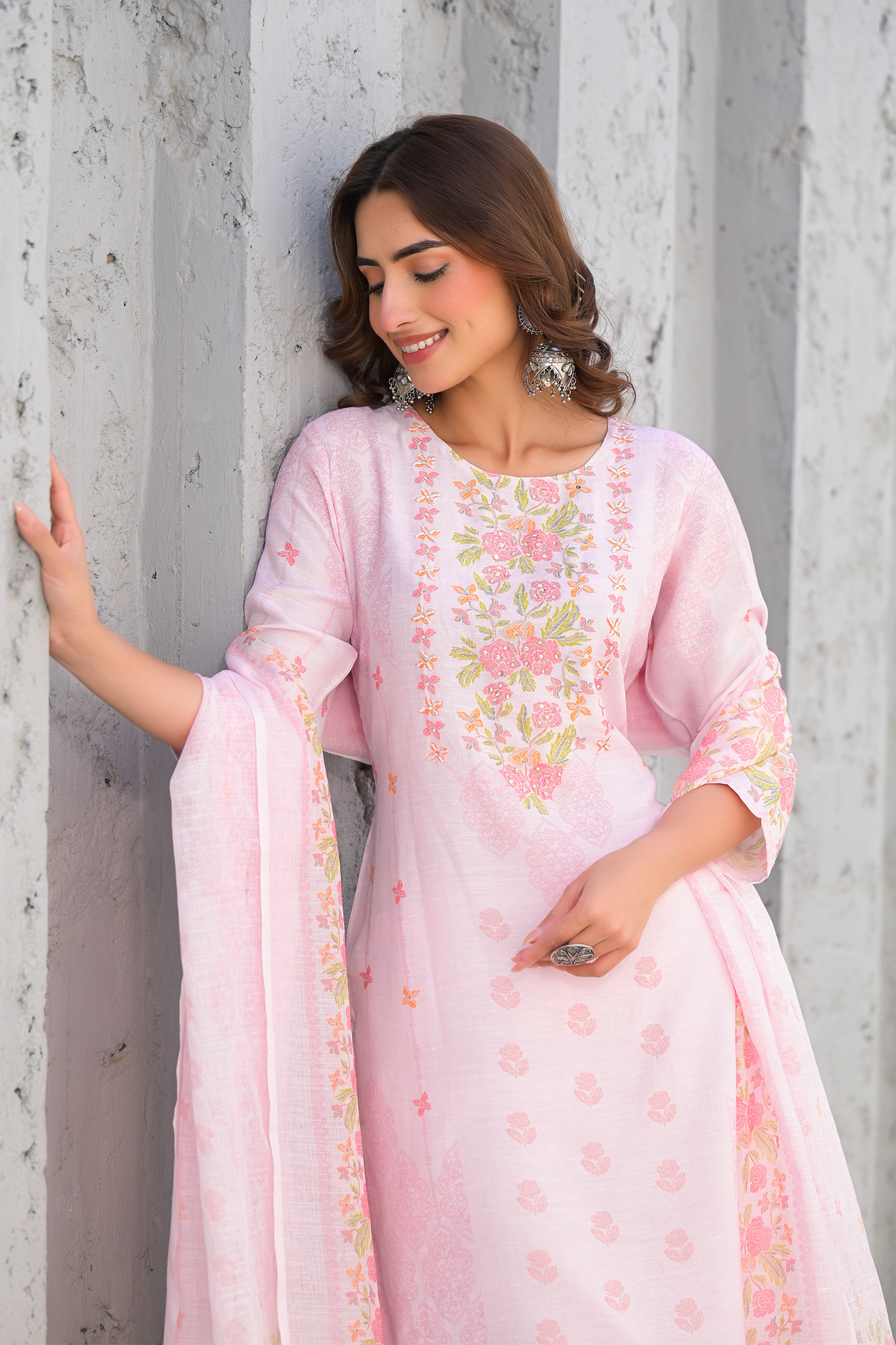 Soft Pink Floral Embroidered Three-Piece Suit Set
