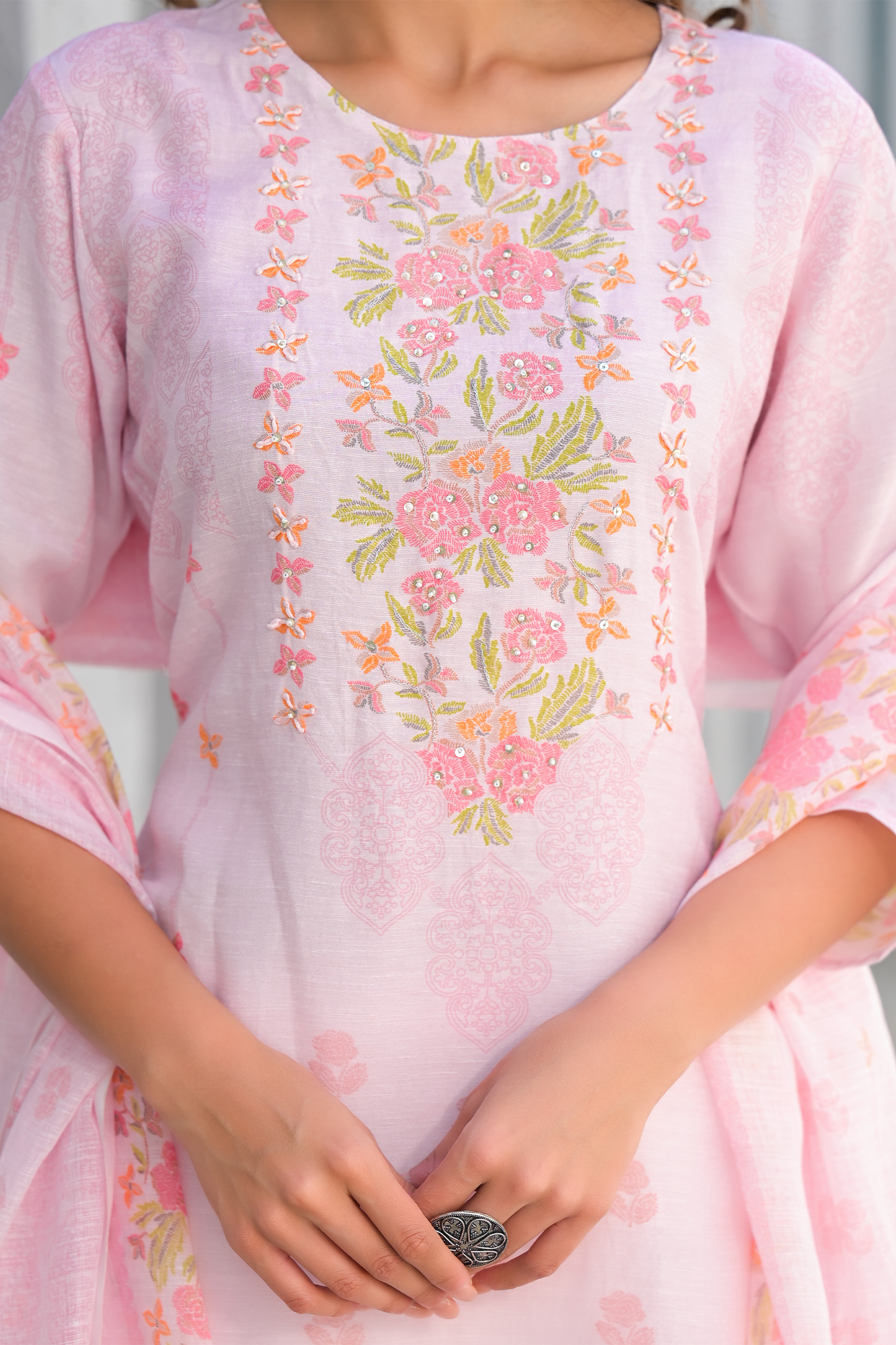 Soft Pink Floral Embroidered Three-Piece Suit Set