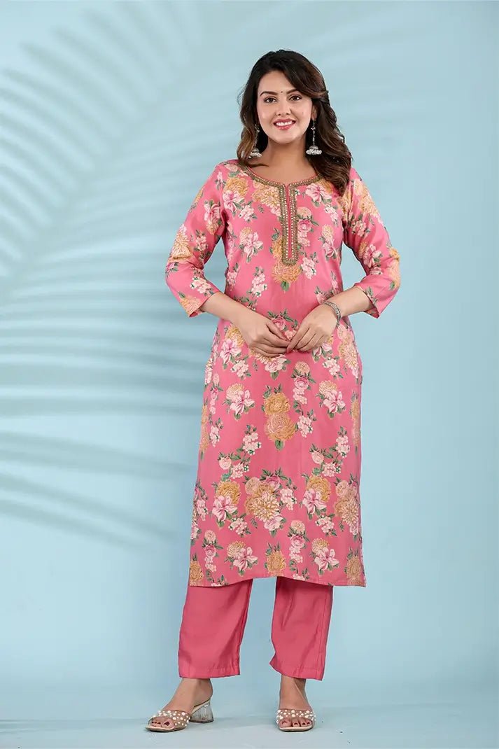 Pink Floral Printed Cotton Suit Set with Embellished Neckline & Dupatta - Qurbat