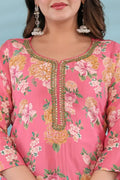 Pink Floral Printed Cotton Suit Set with Embellished Neckline & Dupatta - Qurbat