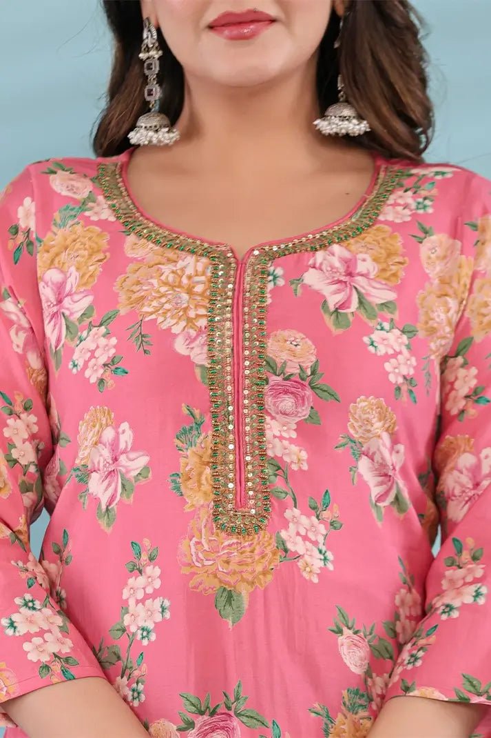 Pink Floral Printed Cotton Suit Set with Embellished Neckline & Dupatta - Qurbat