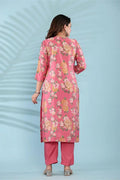 Pink Floral Printed Cotton Suit Set with Embellished Neckline & Dupatta - Qurbat