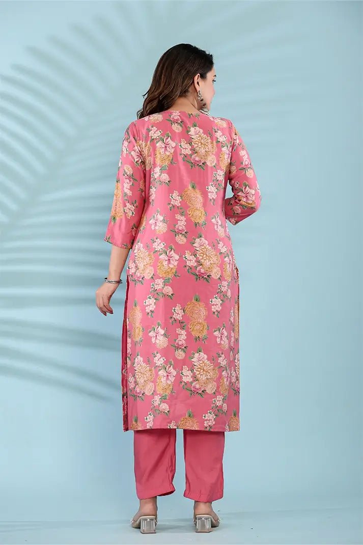 Pink Floral Printed Cotton Suit Set with Embellished Neckline & Dupatta - Qurbat