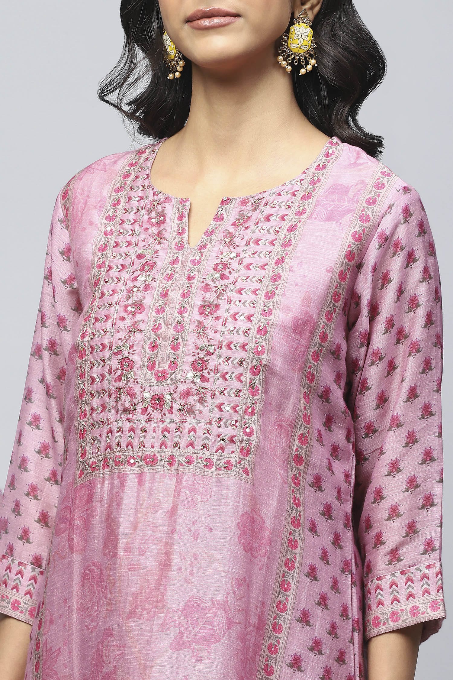 Pink printed suit set with mirror work – Elegant & Traditional - Qurbat