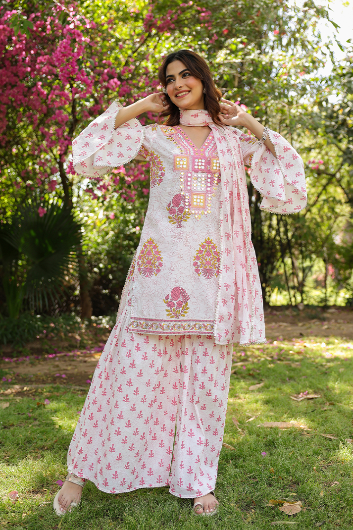 Pink Floral Printed Cotton Suit Set with Mirror Embroidery