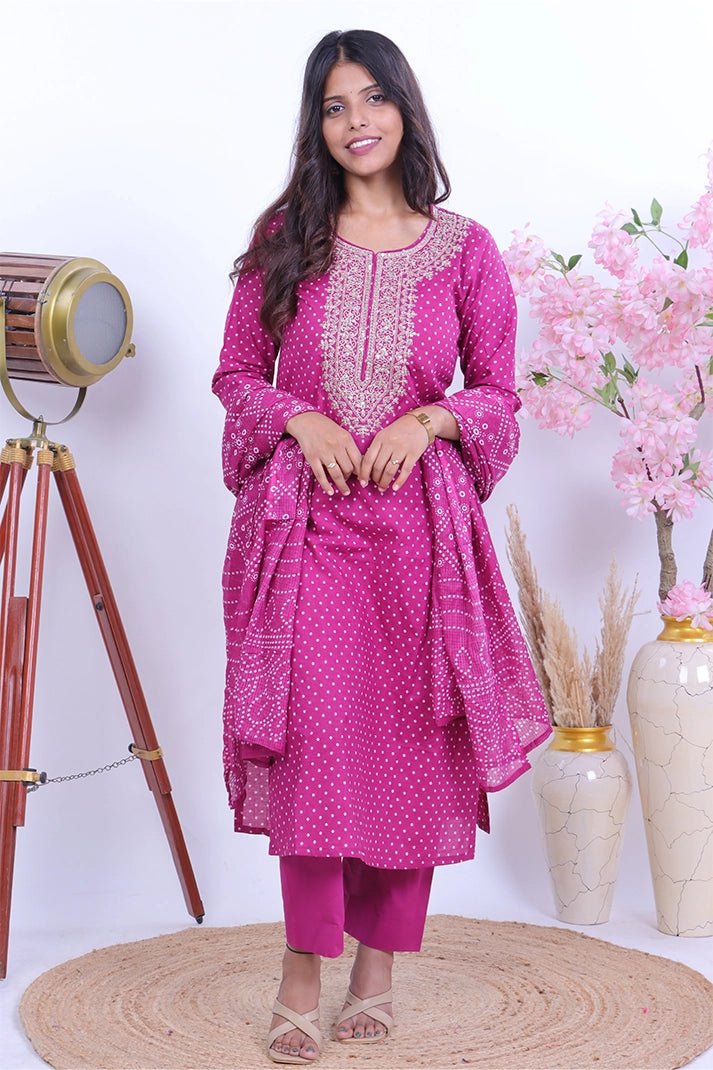Premium Cotton Purple Suit with Traditional Embroidery & Bandhani Print Dupatta - Qurbat
