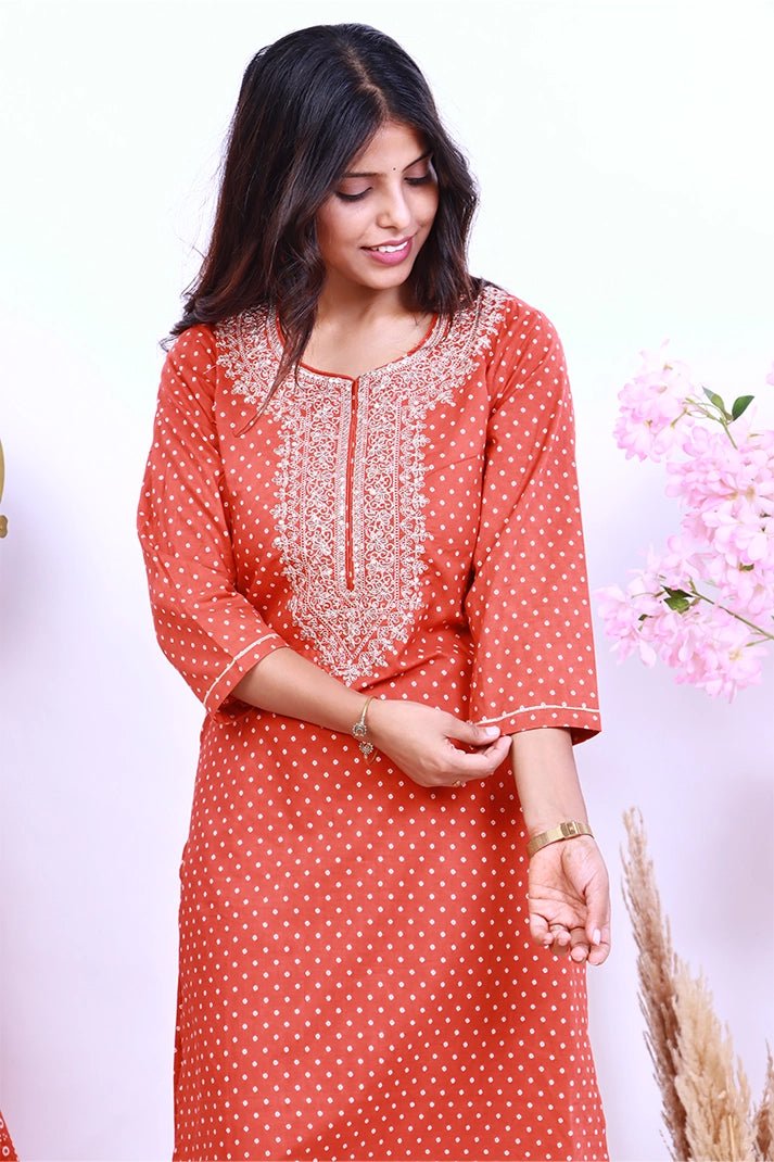 Premium Cotton Rust Suit with Traditional Embroidery & Bandhani Print Dupatta - Qurbat
