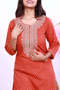 Premium Cotton Rust Suit with Traditional Embroidery & Bandhani Print Dupatta - Qurbat