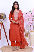 Premium Cotton Rust Suit with Traditional Embroidery & Bandhani Print Dupatta - Qurbat