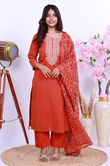 Premium Cotton Rust Suit with Traditional Embroidery & Bandhani Print Dupatta - Qurbat