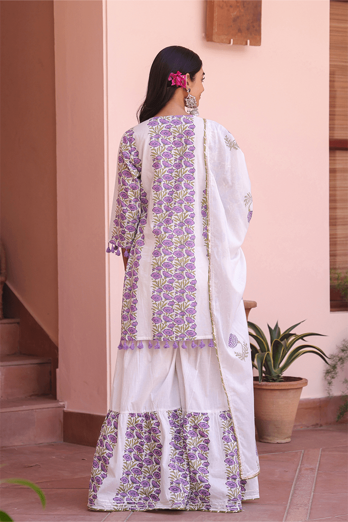 Purple Floral Mirror Work Sharara Set - Qurbat