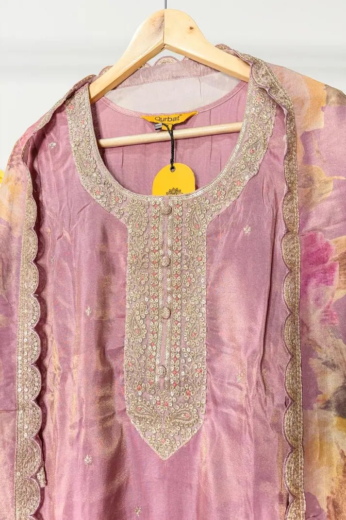 Purple Premium 3PC Ethnic Set with Embroidered Kurta & Floral Dupatta - Qurbat
