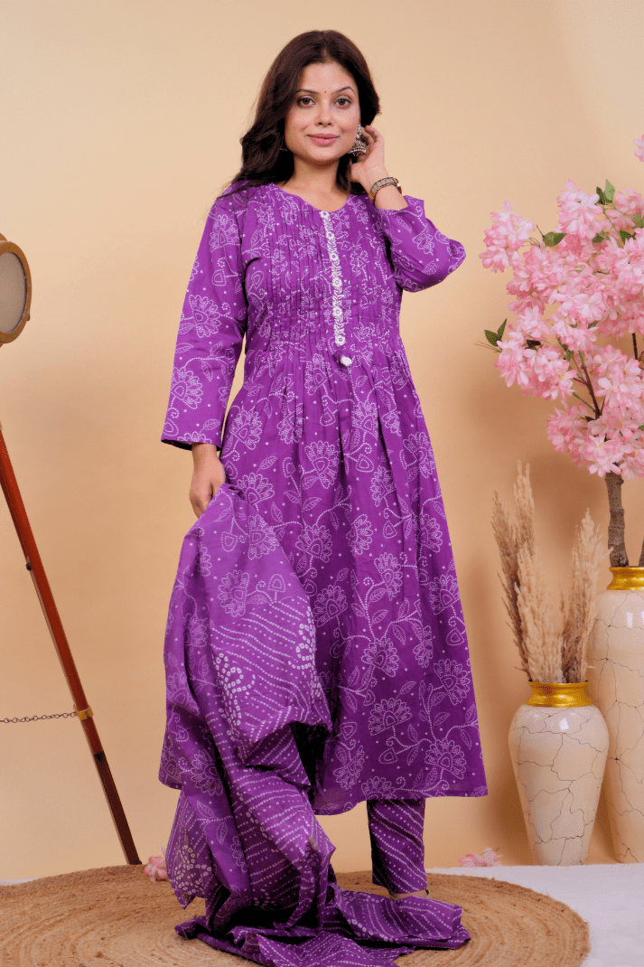Purple Radiance Handcrafted Bandhani Kurta Set - Qurbat