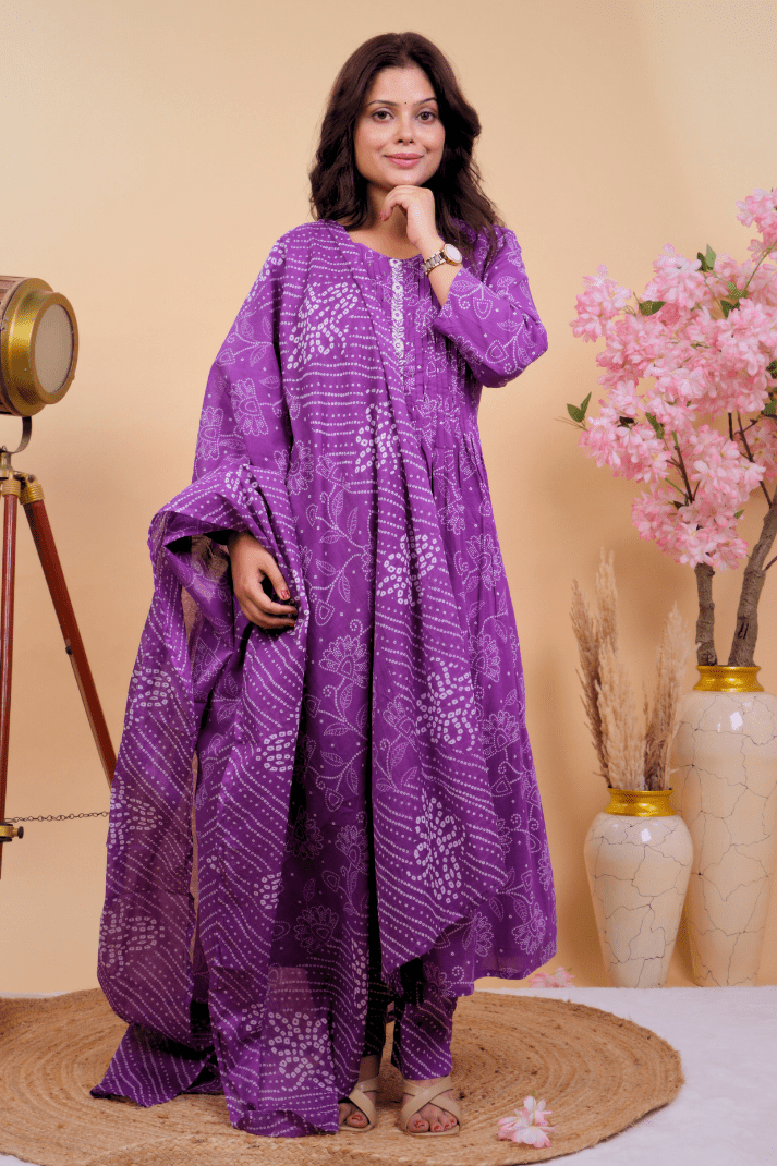 Purple Radiance Handcrafted Bandhani Kurta Set - Qurbat