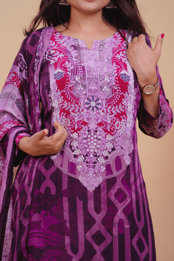 Qurbat Signature Muslin Suit – Plum Perfection in Every Thread - Qurbat