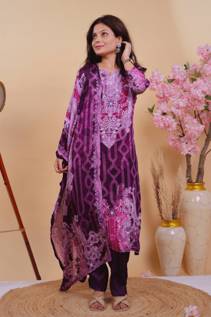 Qurbat Signature Muslin Suit – Plum Perfection in Every Thread - Qurbat